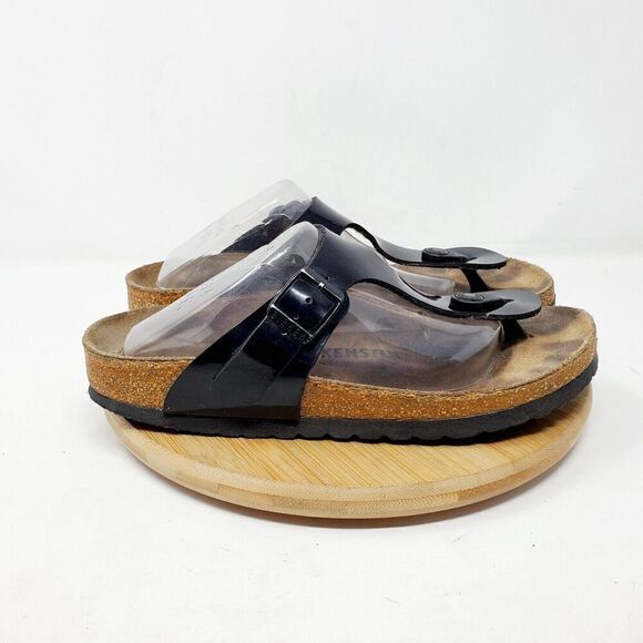 Birkenstock Gizeh Sandals 36 Womens 5 Black Thong Buckle Straps Distressed - Picture 1 of 12
